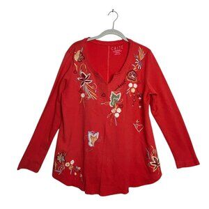 Caite Women's Waffle Knit Floral Embroidered Long Sleeve Top in Red - Sz M - NWT